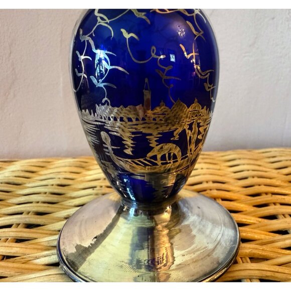 Vintage 50's Venetian Art Glass Bud Vase Blue Silver Overlay Gondola - Picture 6 of 11